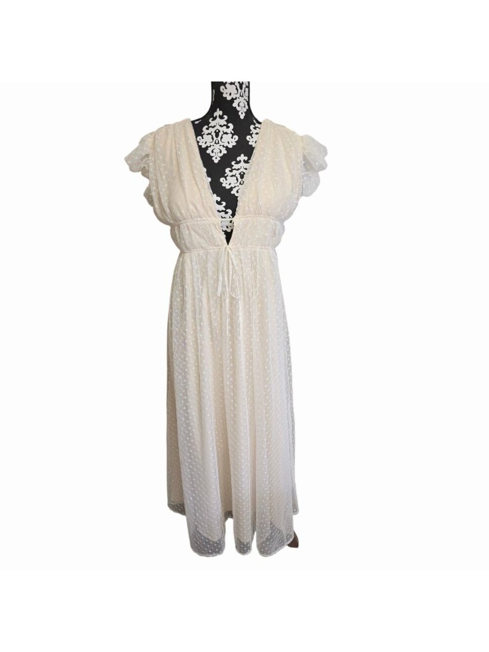 Lulus XL Maxi Dress Creme Polka Dot Sheer Mesh Flutter Sleeve Empire Waist